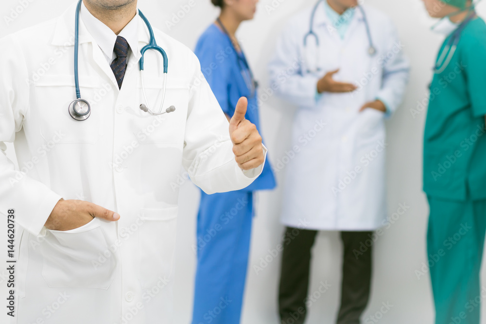 Doctors group, surgeon and nurse on white background