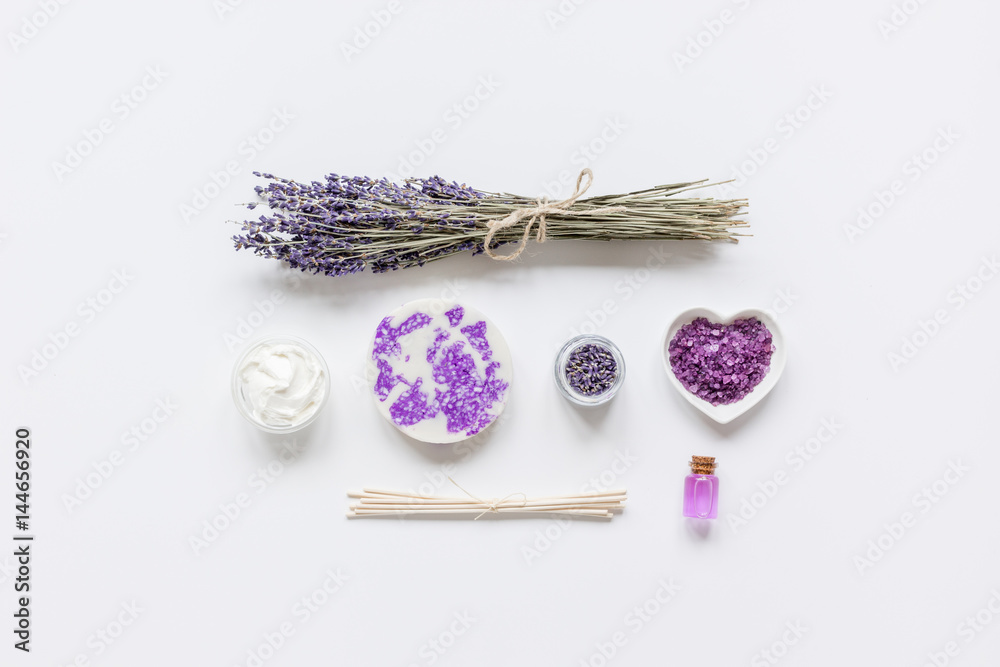 body cream with lavender herbs cosmetic white background top view mock-up