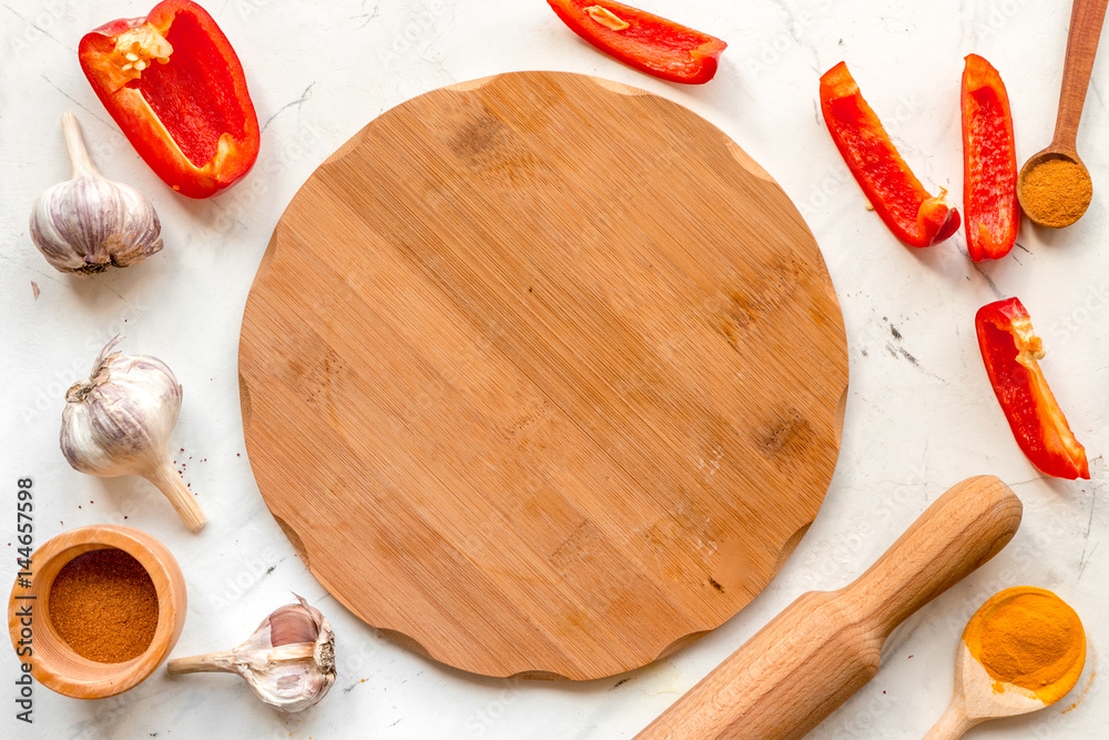 Professional kitchen with rolling-pin for cook on white background top view