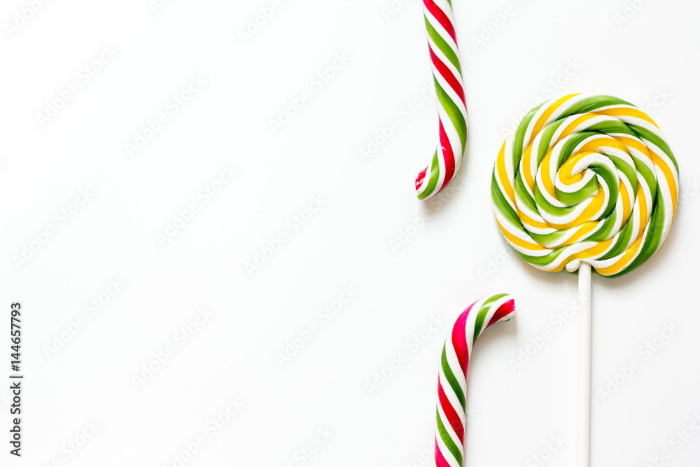 lollipop design with sugar candys on white background top view mockup