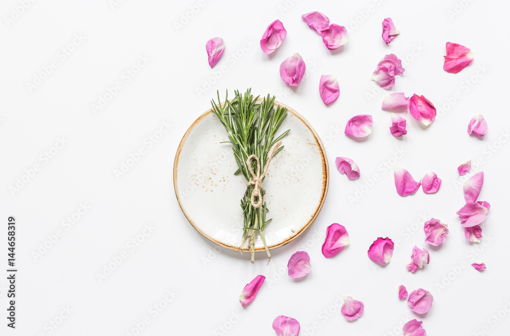 rose, rosemary and plates in spring design white background top view mockup