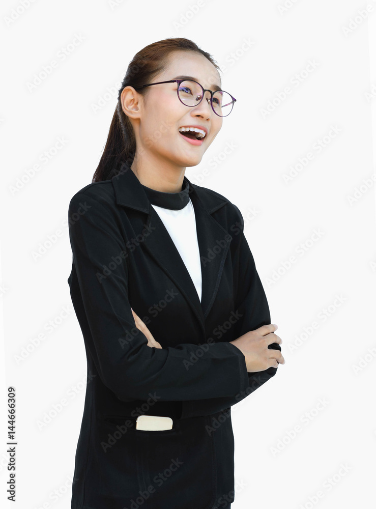 portrait of asian businesswoman isolated on white background and Bespectacled with telephone