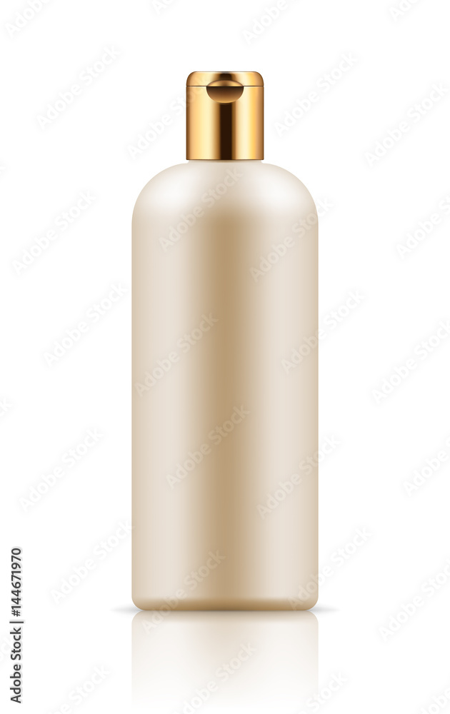 Vector blank template. Mock-up of white plastic bottle with cap. Realistic 3d container for body lot