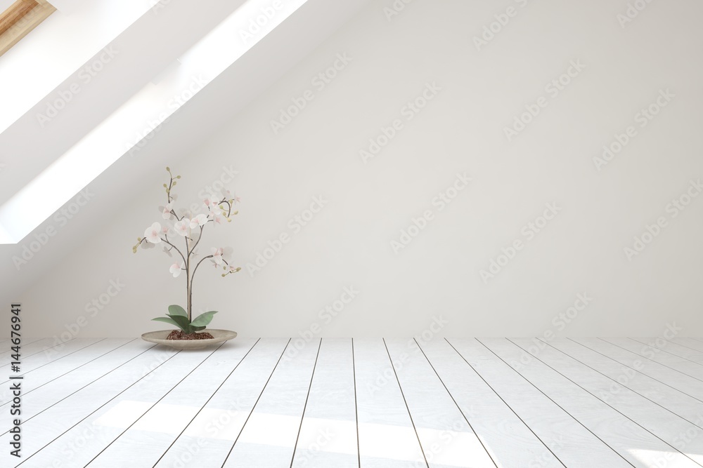 White empty room. Scandinavian interior design. 3D illustration