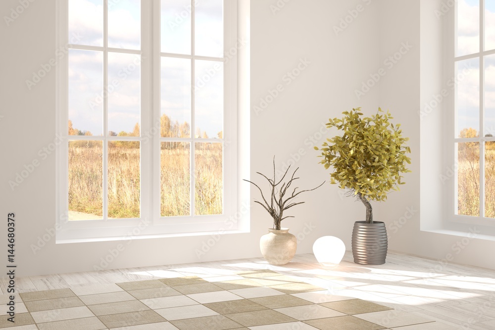 White empty room with autumn landscape in window. Scandinavian interior design. 3D illustration