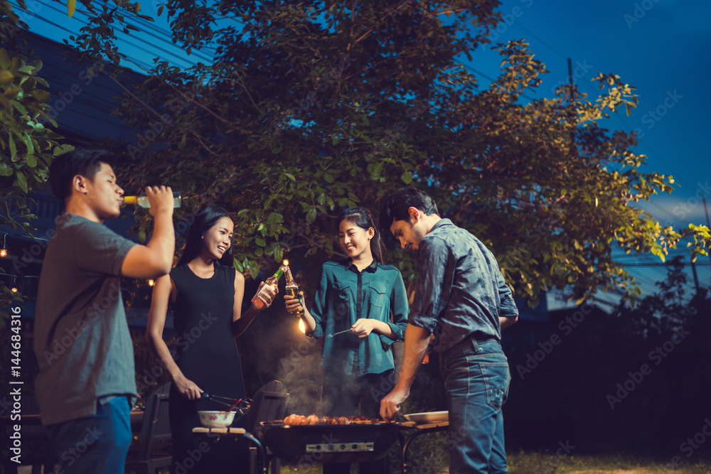 Dinner party, barbecue and roast pork at night