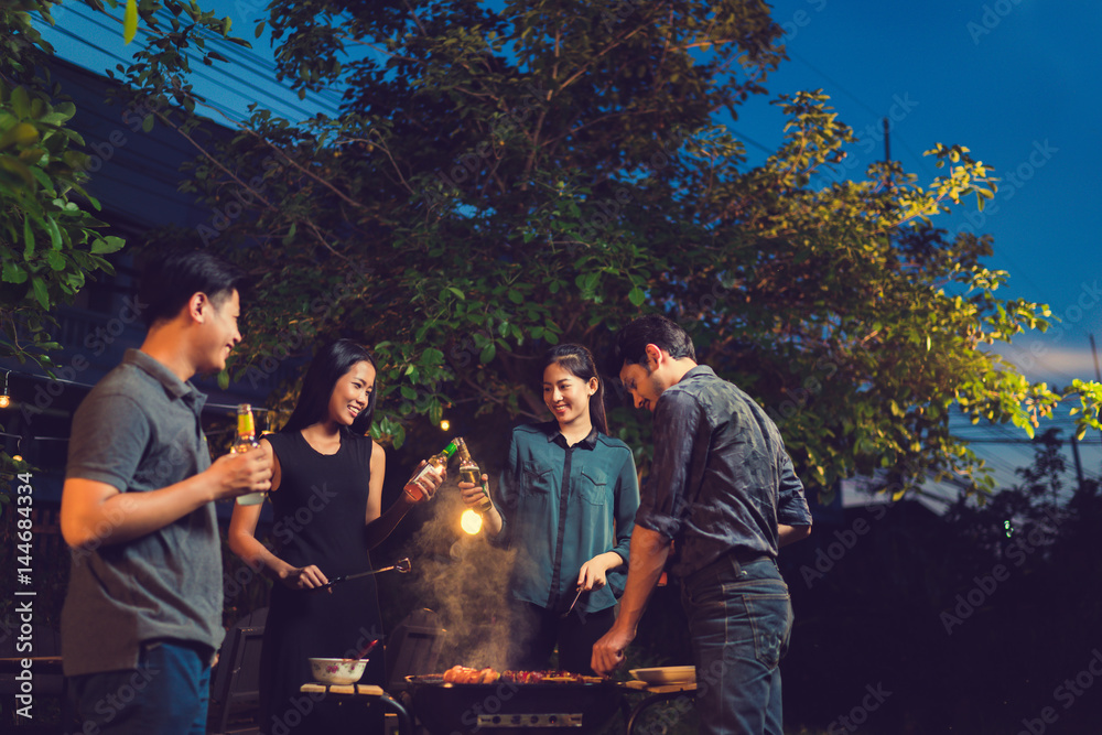 Dinner party, barbecue and roast pork at night