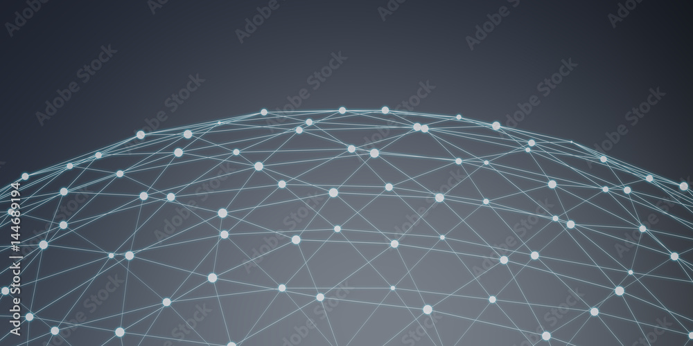 Floating white and blue glowing dot network 3D rendering