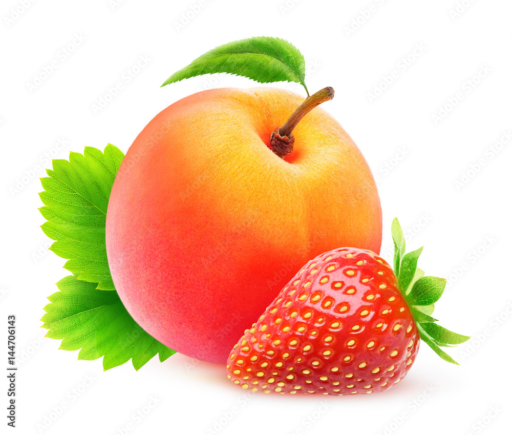 Isolated fruits. Whole fresh peach and strawberry with leaves isolated on white background with clip