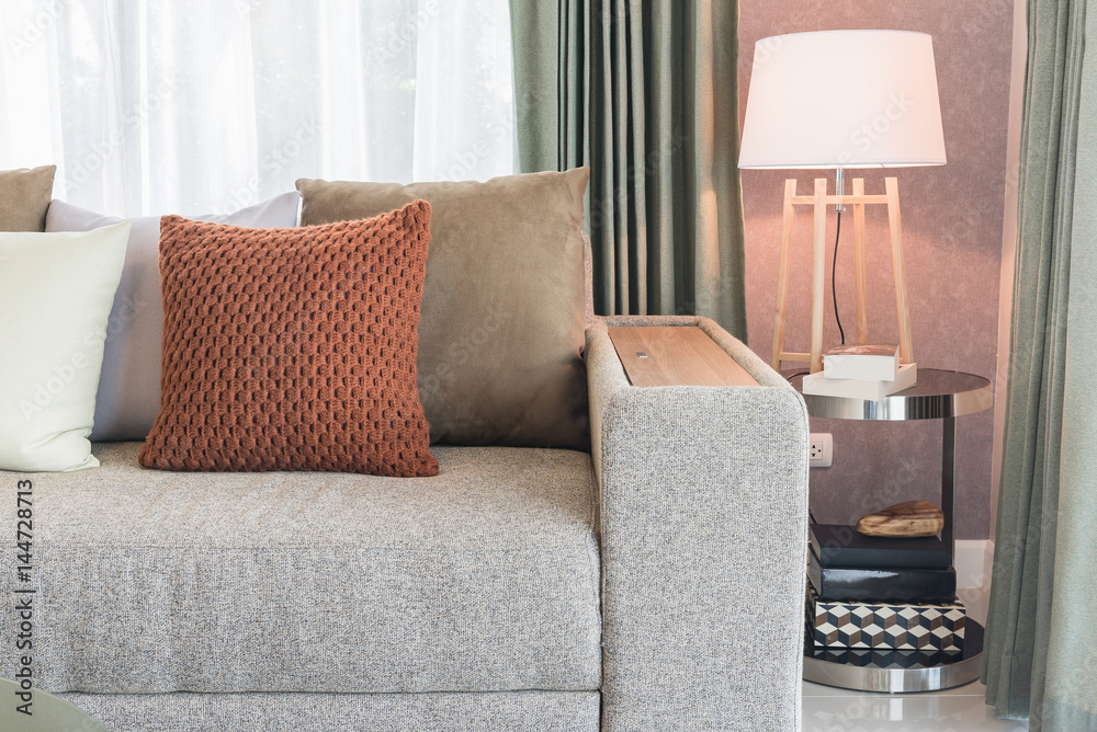 set of pillows on classic sofa in modern living room