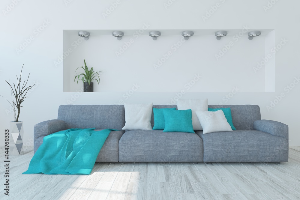 White modern room with sofa. Scandinavian interior design. 3D illustration