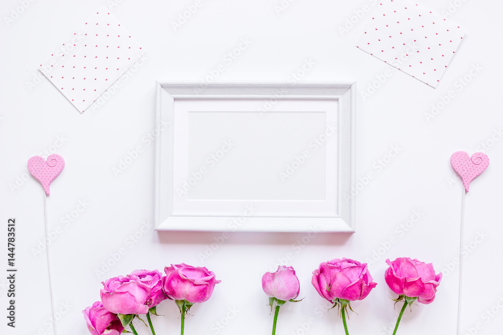 pink peony and frame for present on white background top view mockup