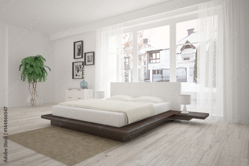 White modern bedroom with urban landscape in window. Scandinavian interior design. 3D illustration