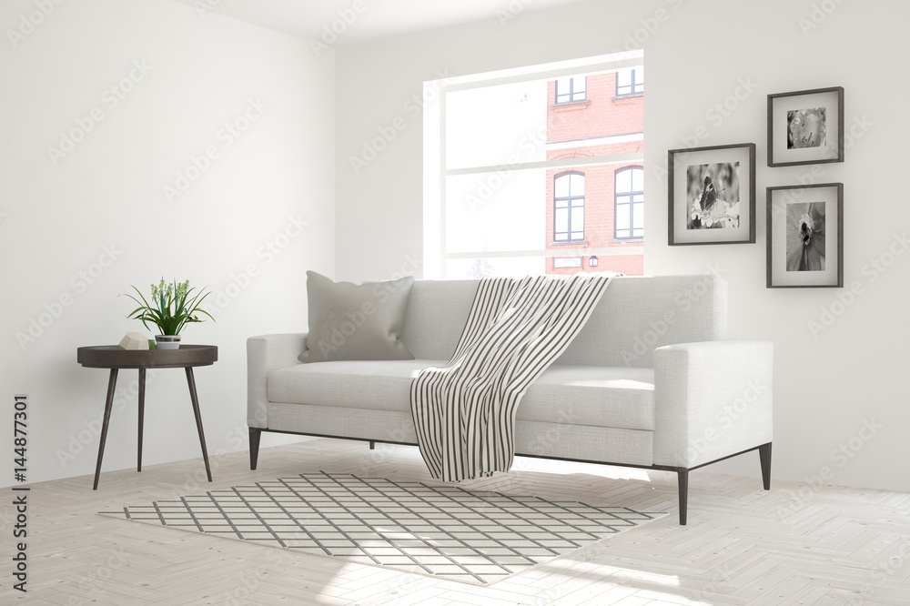 White modern room with sofa. Scandinavian interior design. 3D illustration