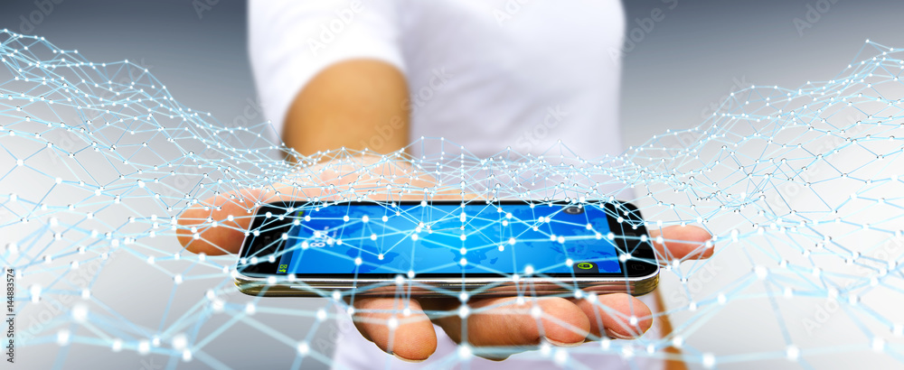 Businessman holding flying network dot over phone 3D rendering