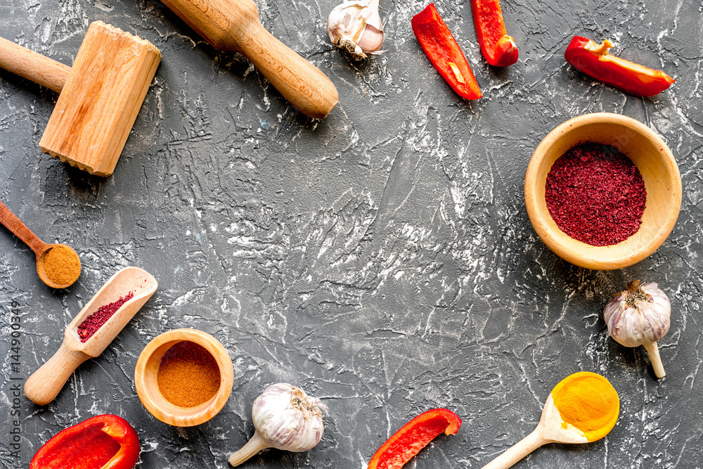 composition of cooking tools and spices on kitchen table top view mock-up