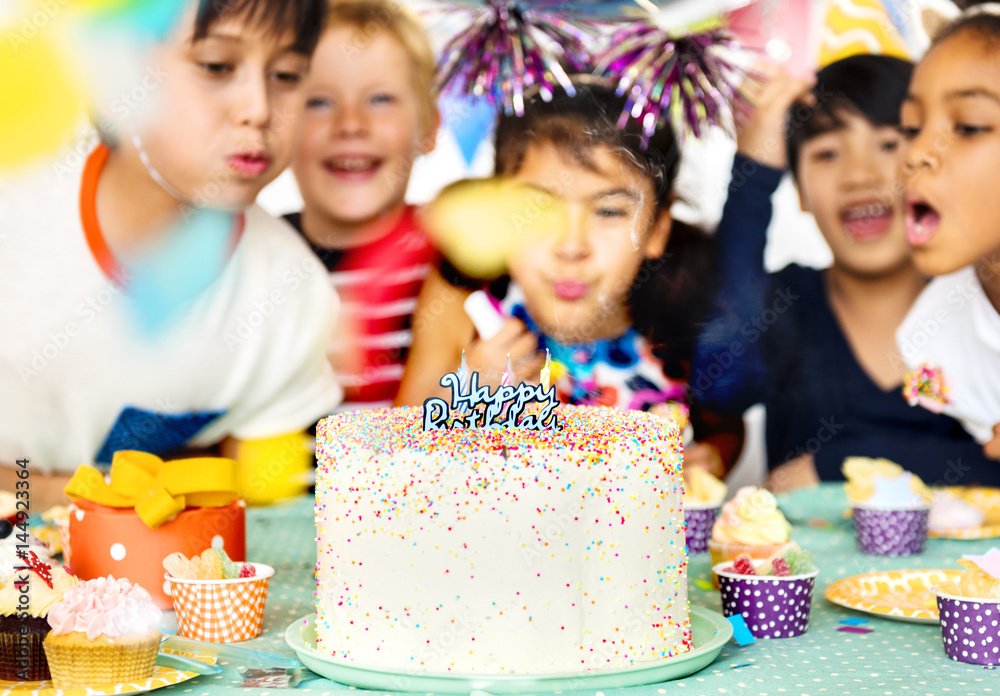 Happiness group of cute and adorable children having birthday party