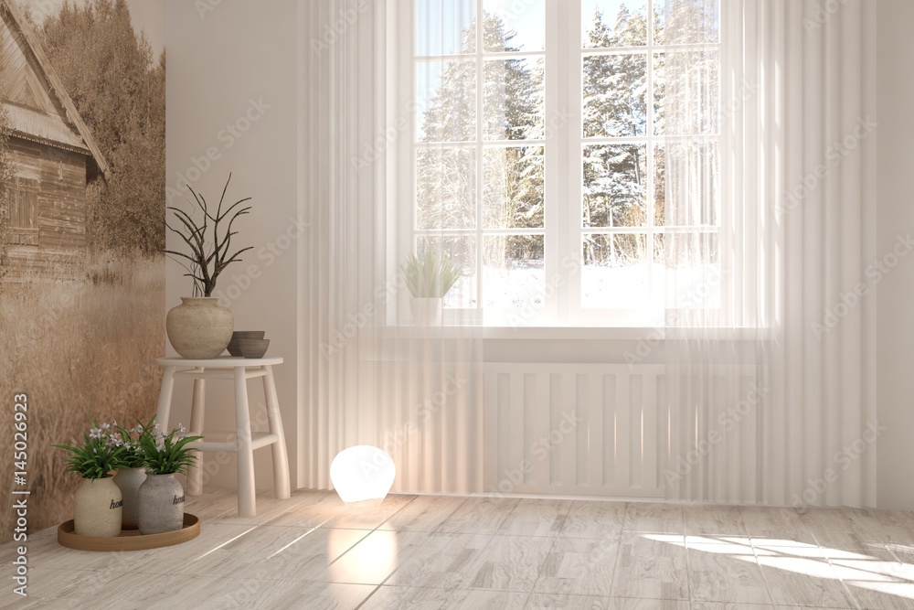 White empty room with winter landscape in window. Scandinavian interior design. 3D illustration