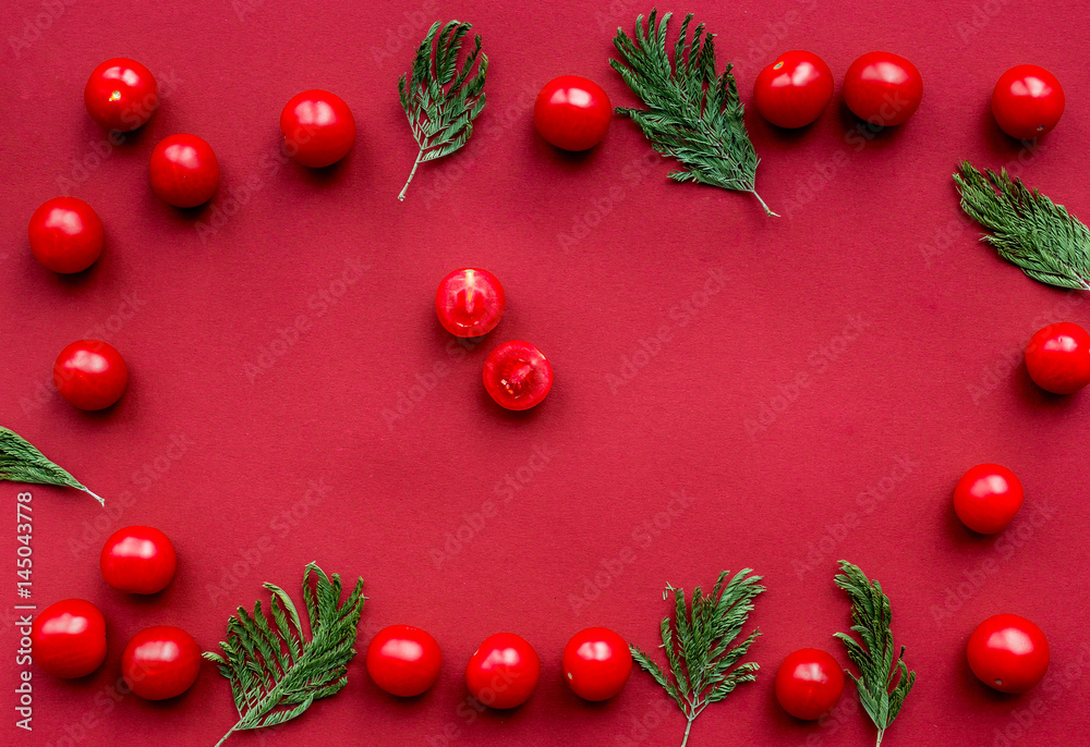 romantic dinner in red color with cherry top view mockup