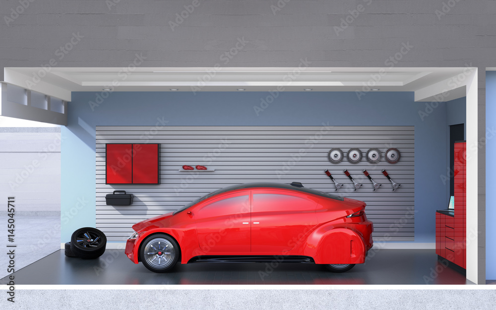 Side view of red car parking into a stylish garage. 3D rendering image.