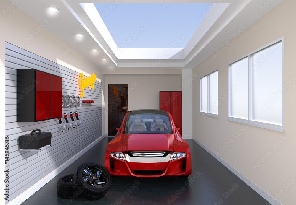 Front view of stylish garage interior. 3D rendering image.