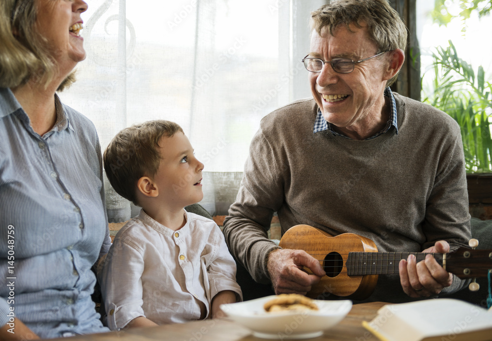 Mature Couple Family Child Ukelele