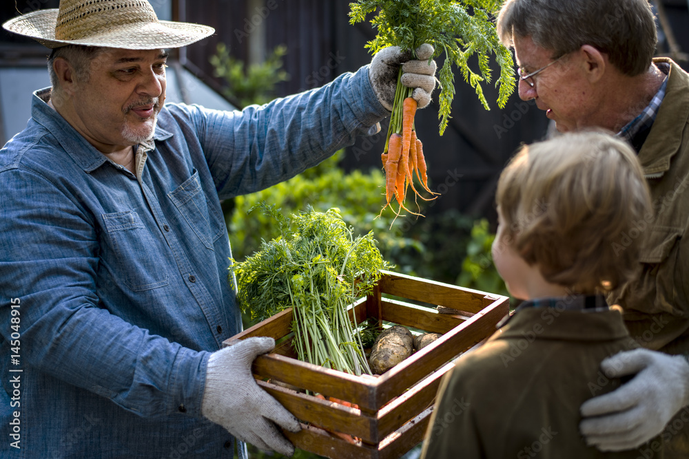 Family buying fresh vegetable from the garden