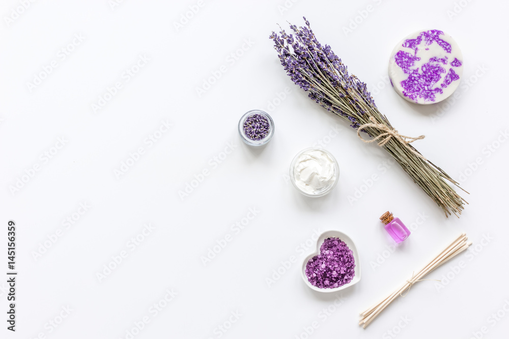 body cream with lavender herbs cosmetic white background top view mock-up