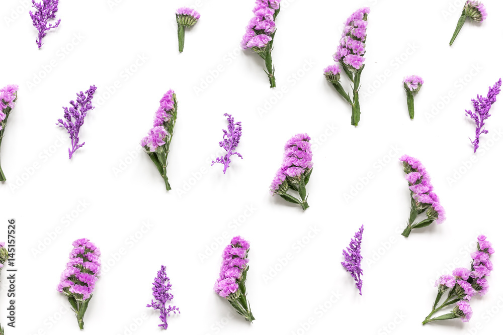 lady morning with mauve flowers white desk background top view pattern