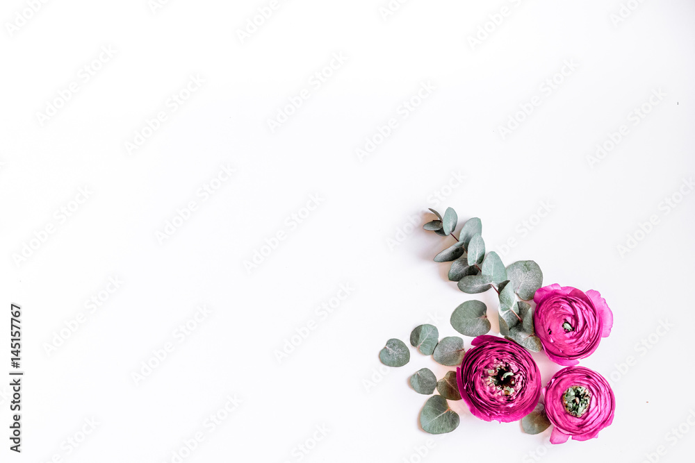 Floral pattern with bright flower on white background top view mockup