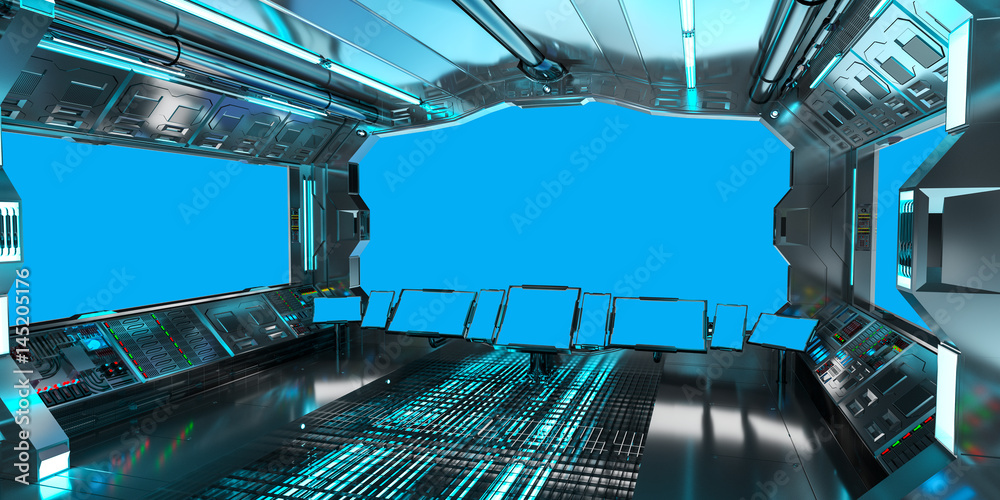 Spaceship interior with view on blue windows 3D rendering