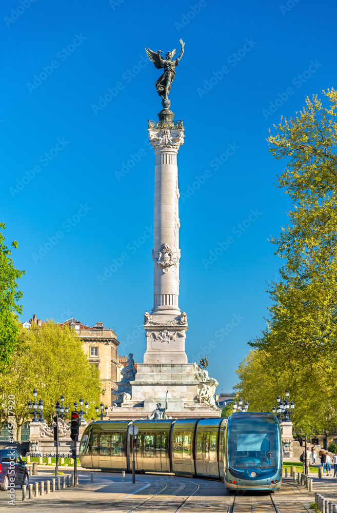 Tram near the Monument aux Girondins in Bordeaux, France