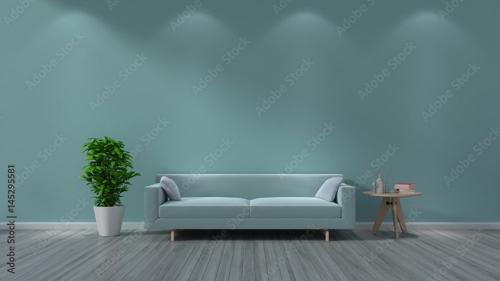 Room interior,blue sofa on wood flooring and green wall,3D rendering