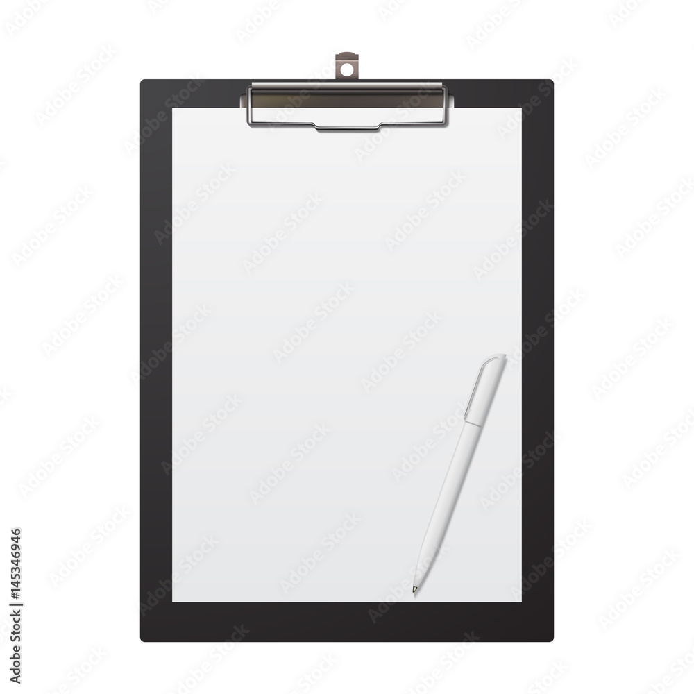 Realistic clipboard with sheet of paper a4 and pen, isolated on white