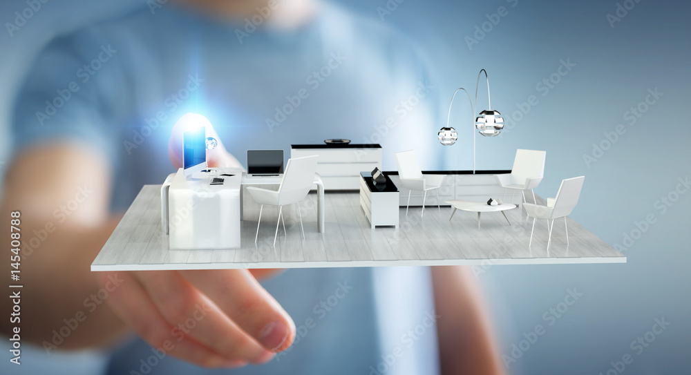 Businessman touching white 3D rendering apartment