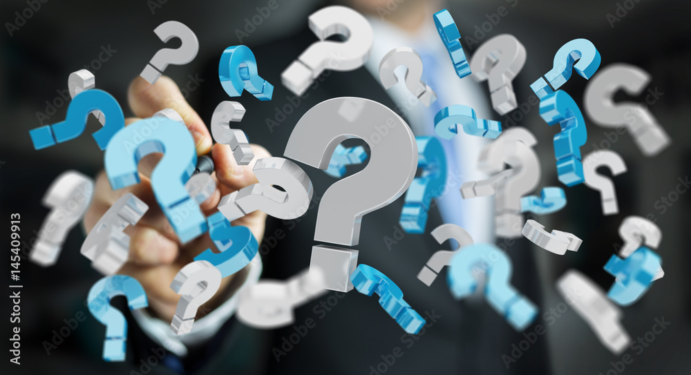 Businessman using 3D rendering question marks