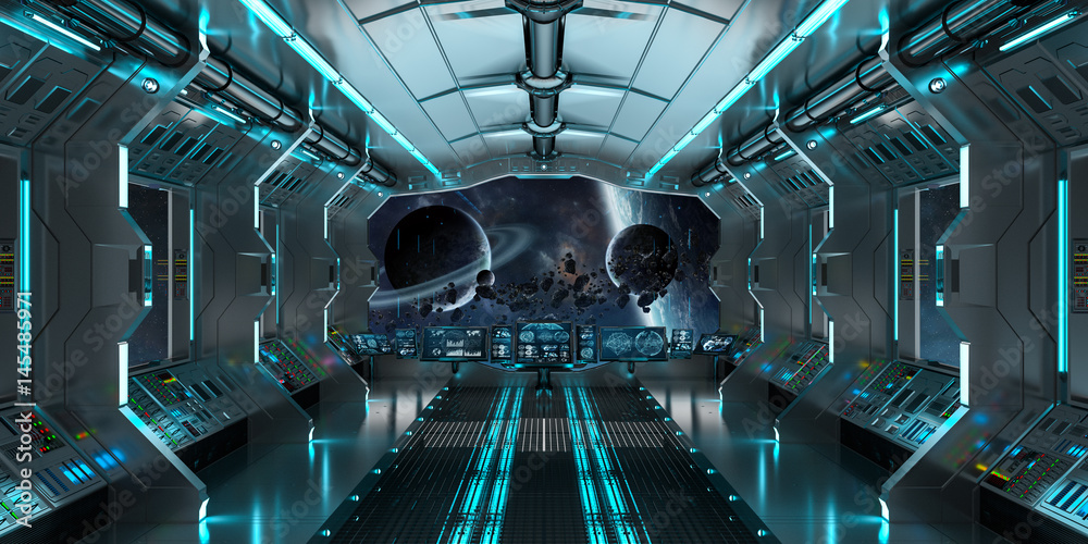 Spaceship interior with view on distant planets system 3D rendering elements of this image furnished