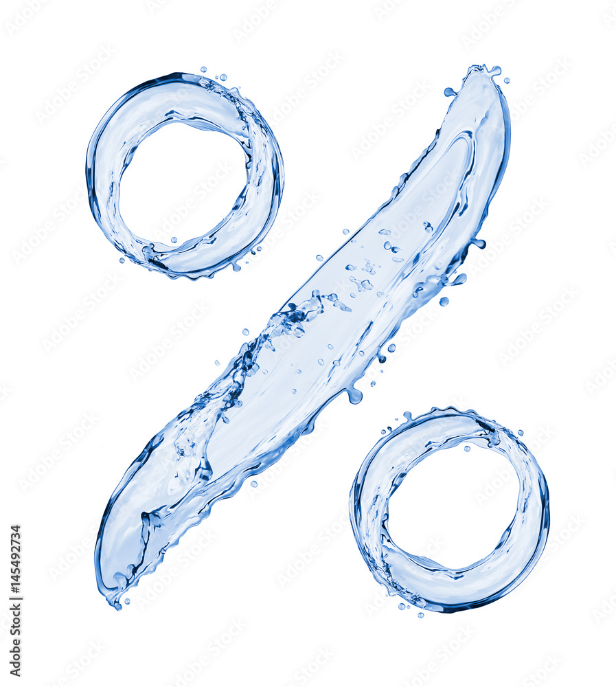 白色背景上泼水制成的百分比标志