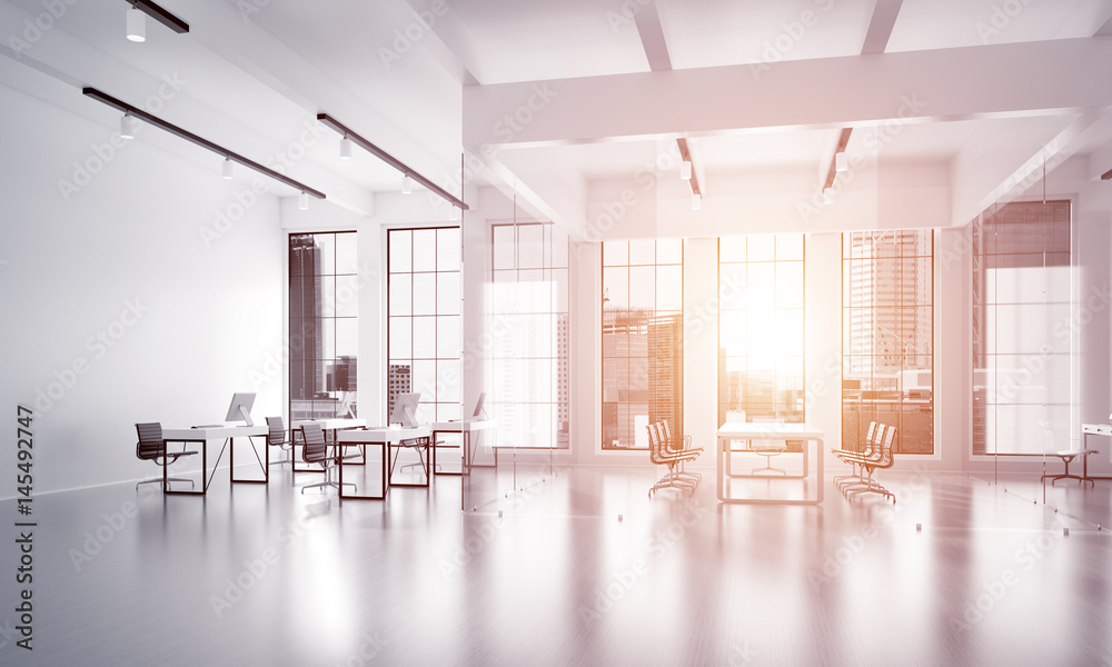 Office interior design in whire color and rays of light from window