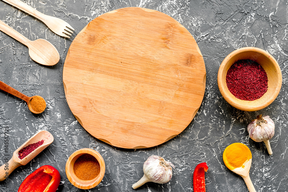 cook work with kitchenware set on dark background top view mock up