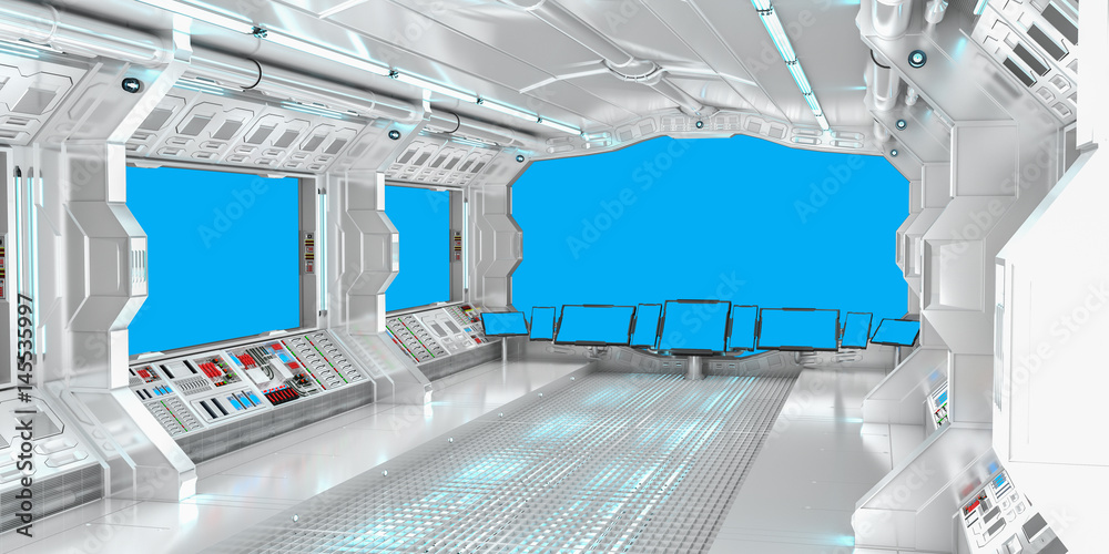 太空船内部，蓝色窗口3D渲染视图