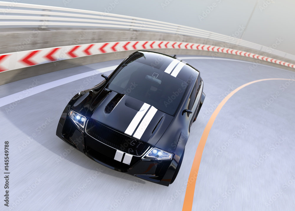 Black electric sports car driving on the highway. 3D rendering image.