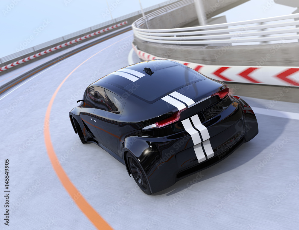 Rear view of black electric sports car driving on the highway. 3D rendering image.