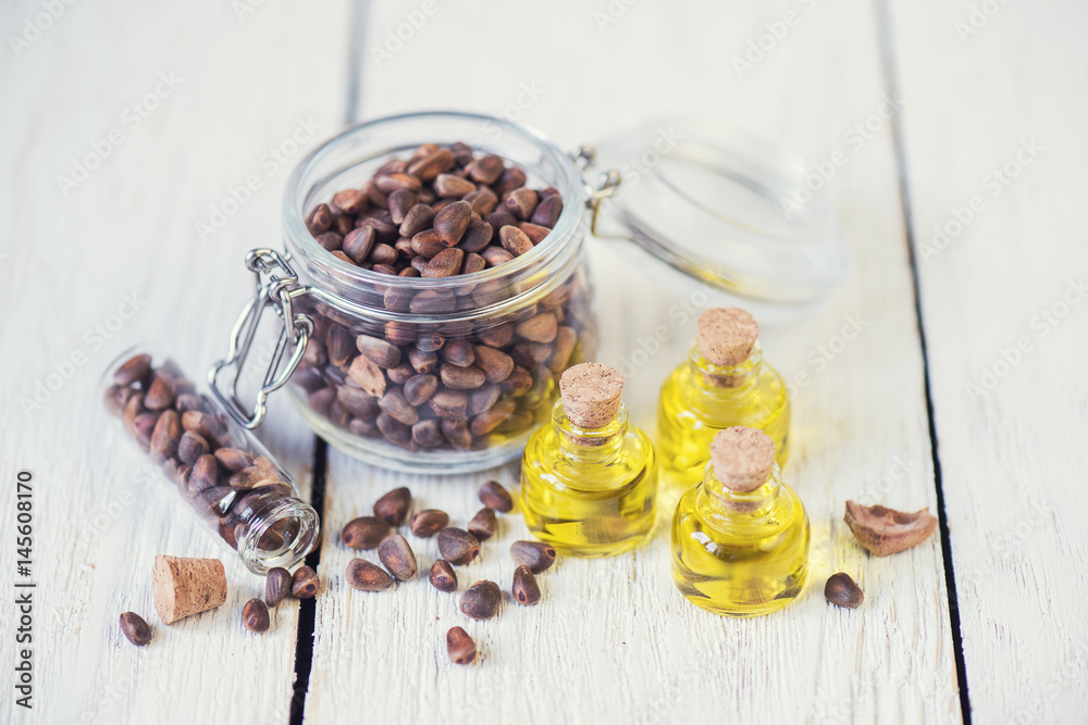 The cedar oil in a glass bottle