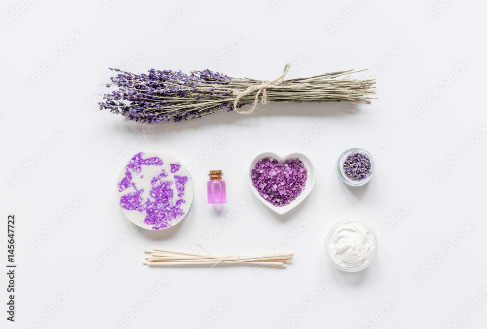 organic cosmetic with lavender oil on white background top view mock up