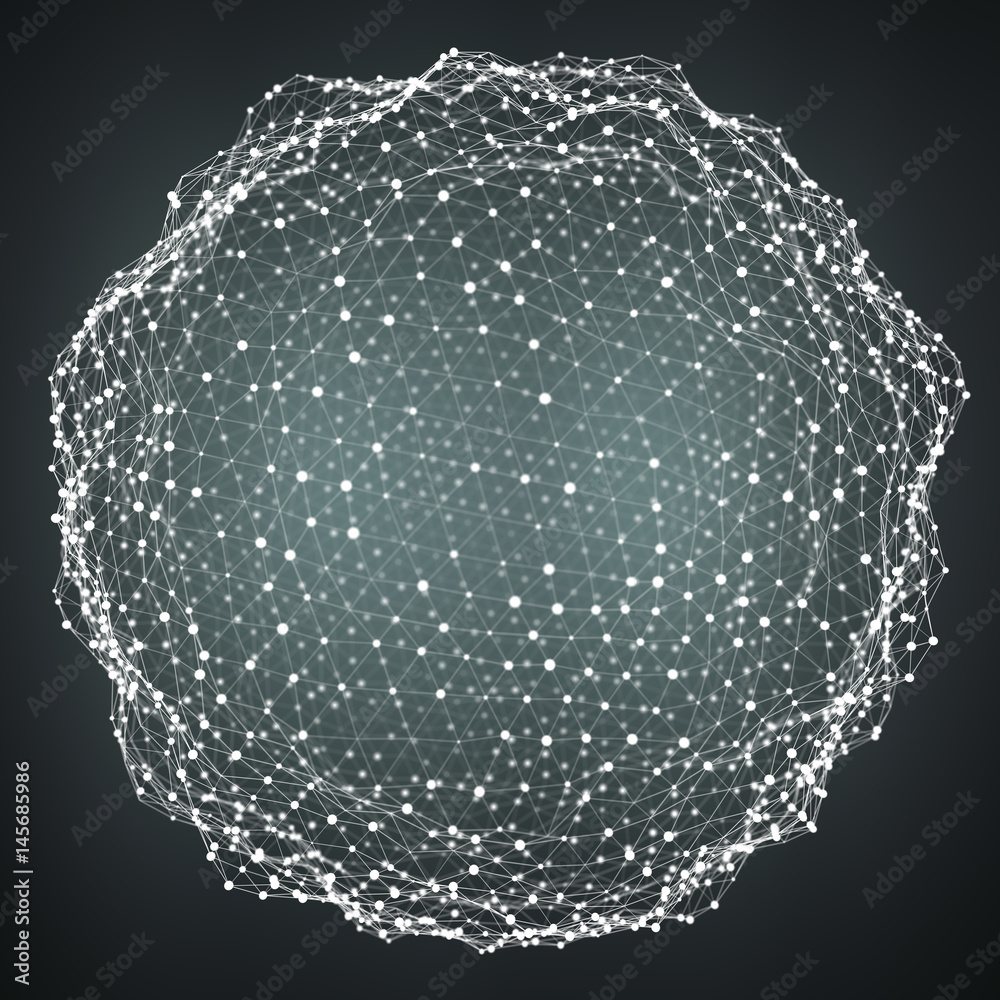 Floating white and blue glowing sphere network 3D rendering