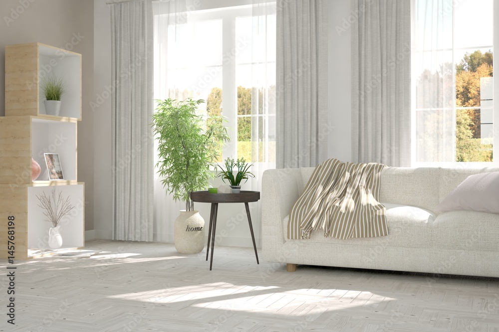 White room with sofa and green landscape in window. Scandinavian interior design. 3D illustration