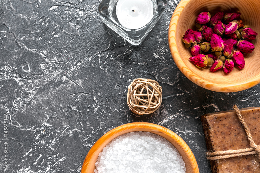 spa set with salt and soap on dark background top view mock up