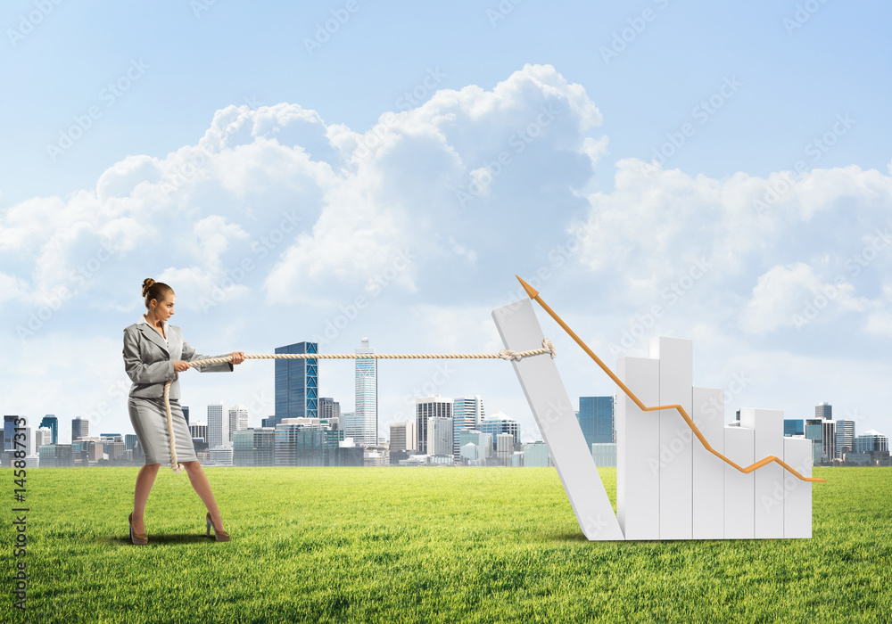 Businesswoman pulling graph with rope as concept of power and control