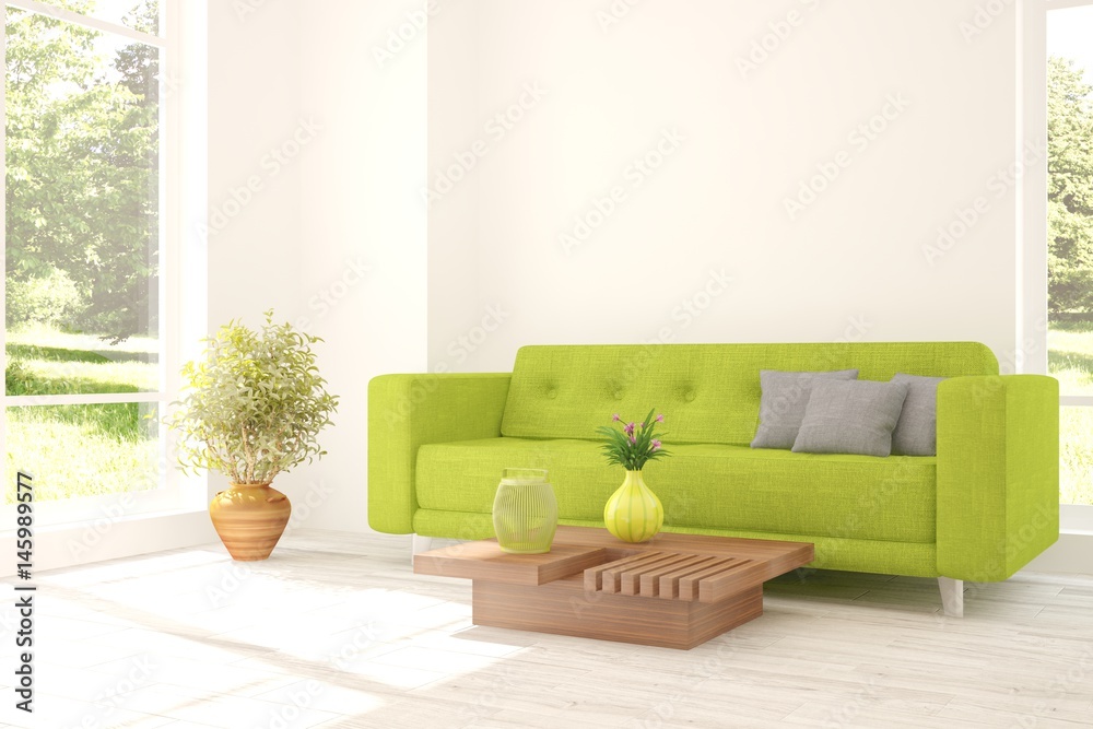 White room with sofa and green landscape in window. Scandinavian interior design. 3D illustration